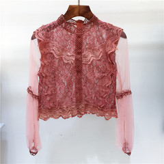 Fall fashion female Korean crochet lace shirt collar hollow gauze Lantern Sleeve perspective solid coat all-match tide F Red bean paste