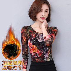 With velvet shirt and long sleeved t-shirt size female slim color gauze small shirt thin coat. 3XL Round peach blossom in full bloom