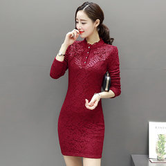 New winter long sleeved package hip dress with lace shirt collar cashmere thickened girls long warm coat 3XL Red wine (thick sheep cashmere)