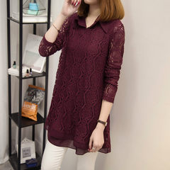 Chiffon blouse, 2017 spring and autumn new style big code lace bottoming shirt, two sets of loose, medium and long sleeved blouse 3XL Claret