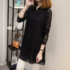 Chiffon blouse, 2017 spring and autumn new style big code lace bottoming shirt, two sets of loose, medium and long sleeved blouse 3XL black