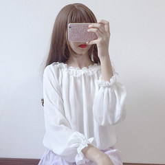 Summer dress 2017 new Japanese sweet baby sweater loose lace top Lantern Sleeve Chiffon shirt female students F white