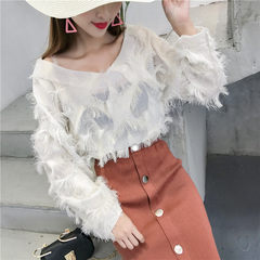 2017 autumn outfit new chiffon blouse, female Korean V collar edge tassels, five loose sleeve blouse, fashionable blouse F white