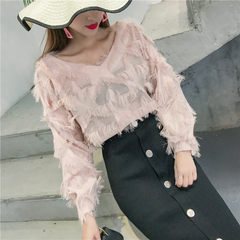 2017 autumn outfit new chiffon blouse, female Korean V collar edge tassels, five loose sleeve blouse, fashionable blouse F Pink