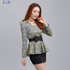2017 autumn new long sleeved waist flounce skirt jacket slim all-match small shirt ladies lace shirt M (belt) blue