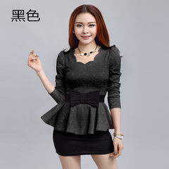 2017 autumn new long sleeved waist flounce skirt jacket slim all-match small shirt ladies lace shirt M (belt) black