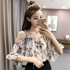 2017 new summer chiffon shirt female a short sleeved shirt loose leaf edge shoulder charge code base Strapless small shirt S 6750 apricot