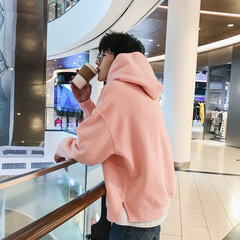 秋季2017新款加绒连帽卫衣男士韩版潮流粉色学生外套长袖套头衣服 M 粉红色