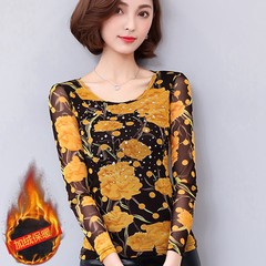 2017 new winter coat T-shirt with cashmere female long sleeved sweater printing mesh T-shirt small lady shirt L [911#] yellow peach Liulv plus velvet
