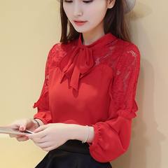 Butterfly chiffon shirt 2017 autumn new Korean large size women slim lace shirt all-match backing 3XL gules