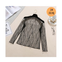 Autumn and winter in a long sleeved lace shirt openwork black transparent gauze perspective sexy female coat Harajuku. F 2# lightning
