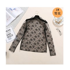 Autumn and winter in a long sleeved lace shirt openwork black transparent gauze perspective sexy female coat Harajuku. F 1# snowflake