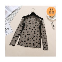 Autumn and winter in a long sleeved lace shirt openwork black transparent gauze perspective sexy female coat Harajuku. F 6# stars