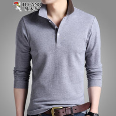Woodpecker long sleeved T-shirt Lapel loose t-shirt men fall new solid young thin cotton Mens 175 (suitable for 140-160 Jin wear) 28166 gray