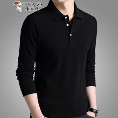 Woodpecker long sleeved T-shirt Lapel loose t-shirt men fall new solid young thin cotton Mens 175 (suitable for 140-160 Jin wear) 28166 black