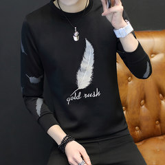 2017 new long sleeved T shirt T-shirt men's fashion sweater Mens handsome clothes wear clothes M W feather black