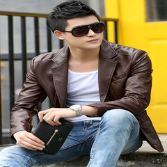 Haining leather 2017 male New Spring young Korean cultivating leather suit handsome business men's suit jacket 3XL 8828 deep coffee