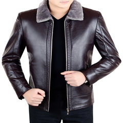 Haining leather coat man fur suit men's suit collar, middle-aged coat plus thick thickening leather jacket, Dad installed 185/XXL (160-175 Jin) Fur 223 wine red