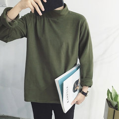 Autumn and winter the basic models of Korean style semi loose sleeveless turtleneck solid grounding long sleeved T-shirt Metrosexual all-match Shirt M 170/M Army green