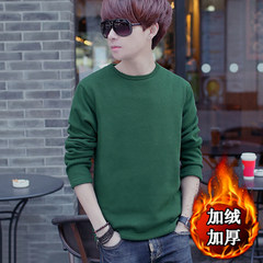Autumn and winter with velvet thick warm autumn clothes on clothes Mens Long Sleeve T-Shirt slim pure white V shirt collar tide 3XL Navy green - round neck