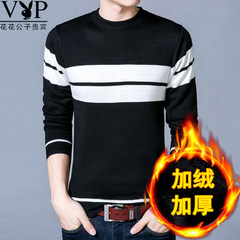 In autumn and winter in young men long sleeved T-shirt collar striped cotton knit shirt 170/L (120-140 Jin) 8868 thickening black