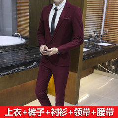 Men's business suit handsome suit wedding dress Korean students slim 3 sets a set of leisure 3XL Wine red ious