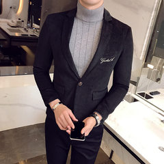 Knock Phil corduroy suit male Korean slim embroidery casual suit male business hair coat 3XL CX black