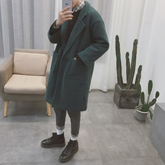 Korean couple loose woolen material thick winter coats and jackets retro cotton windbreaker long wool clip S Blackish green