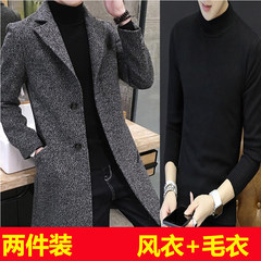 In the long section of young male windbreaker thickened Korean cultivating in autumn and winter fashion handsome male British wool tweed coat coat 3XL A dark gray sweater with thickened