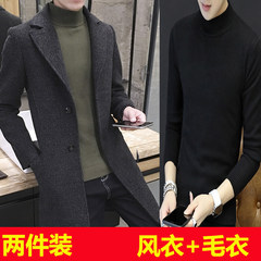 In the long section of young male windbreaker thickened Korean cultivating in autumn and winter fashion handsome male British wool tweed coat coat 3XL Thickening black plus sweater