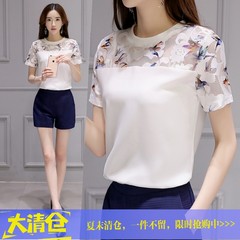 2017 summer new chiffon blouse, Korean white shirt, chiffon blouse, round neck lace shirt, short sleeve tide S Blouse