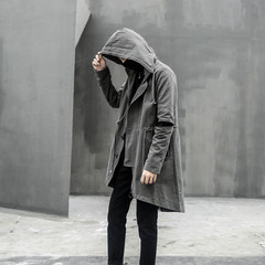 Male windbreaker long section of spring and autumn trend of Korean students BF ulzzang slim handsome cloak Hooded Jacket M gray