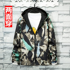 2017 new spring and autumn camouflage coat, male high school students, Korean fashion trend, teenagers short windbreaker suit 3XL Double face camouflage blue