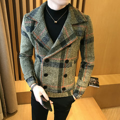 Double breasted plaid coat winter male short slim British woolen coat coat handsome fashion. 3XL Green Grid