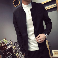 Hitz male Korean youth suede coat slim Jacket Mens all-match Baseball Jacket tide M (suitable for less than 100 Jin) black