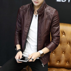 Autumn and winter new men's leather jacket coat thin trend male Korean slim handsome collar PU Mens tide 3XL gules