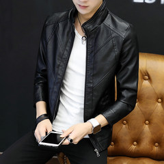 Autumn and winter new men's leather jacket coat thin trend male Korean slim handsome collar PU Mens tide 3XL black