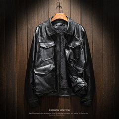 Spring 2017 new large size Mens Japanese retro leather jacket fashion leather coat young men loose of locomotive 3XL Black [velvet]
