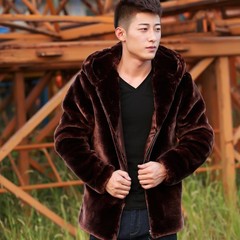Autumn Korean men mink coat Faux Fur short Hooded Coat mink cashmere imitation otter rabbit hair code 3XL Coffee color