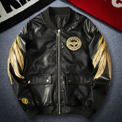 In the autumn of 2017 new embroidery PU leather motorcycle jacket jacket male youth slim handsome men's Korean tide [S] about 90 catties New version of the two generation wings [black]