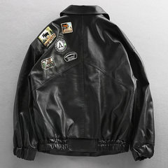 Europe and the United States Street trend loose badge motorcycle wear leather men's couple pilot air force jacket jacket tide 3XL black