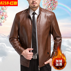 Haining sheep skin leather men's slim collar short jacket with fleece jacket thin middle-aged leisure * * take automatic glove 8218- red coffee color [leather + cashmere]