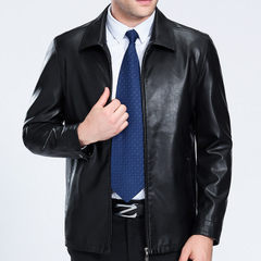 The spring and autumn Haining sheep skin leather male thin jacket lapel middle-aged father jacket clearance 180 yards 8019 Lapel thin black paragraph