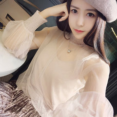 Long sleeved chiffon shirt female new winter coat gauze Lantern Sleeve chic super sweet Xian lace shirt in early autumn F Black blouse + black skirt
