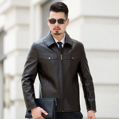 In the spring and Autumn period, the new leather leather man, middle aged dad, lapel leather jacket, men's coat and cashmere thickening coat 170/M Deep coffee (Lapel zipper)