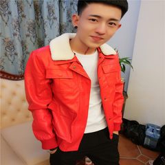 Net red Li Yaoyang with the same coat, tight Lapel leather, self-cultivation leather jacket, social spirit guy plus cashmere thickening 3XL gules