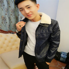 Net red Li Yaoyang with the same coat, tight Lapel leather, self-cultivation leather jacket, social spirit guy plus cashmere thickening 3XL Navy Blue