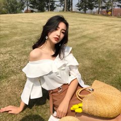 Vintage Korea chic wind design Lace Trimmed collar Strapless Chiffon shirt white frilled blouse all-match temperament F white