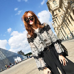 The west can fall hook flower lace stitching Lantern Sleeve Chiffon shirt female bow V long sleeved shirt collar S White black spell