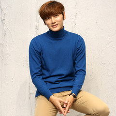 Autumn and winter 100% pure cashmere sweater Polo head set solid colored body knitted sweater sweater thickened male backing 3XL Sea blue